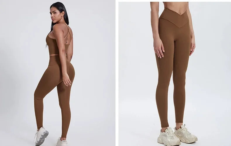 Brown leggings worn by a model on a white background Evija